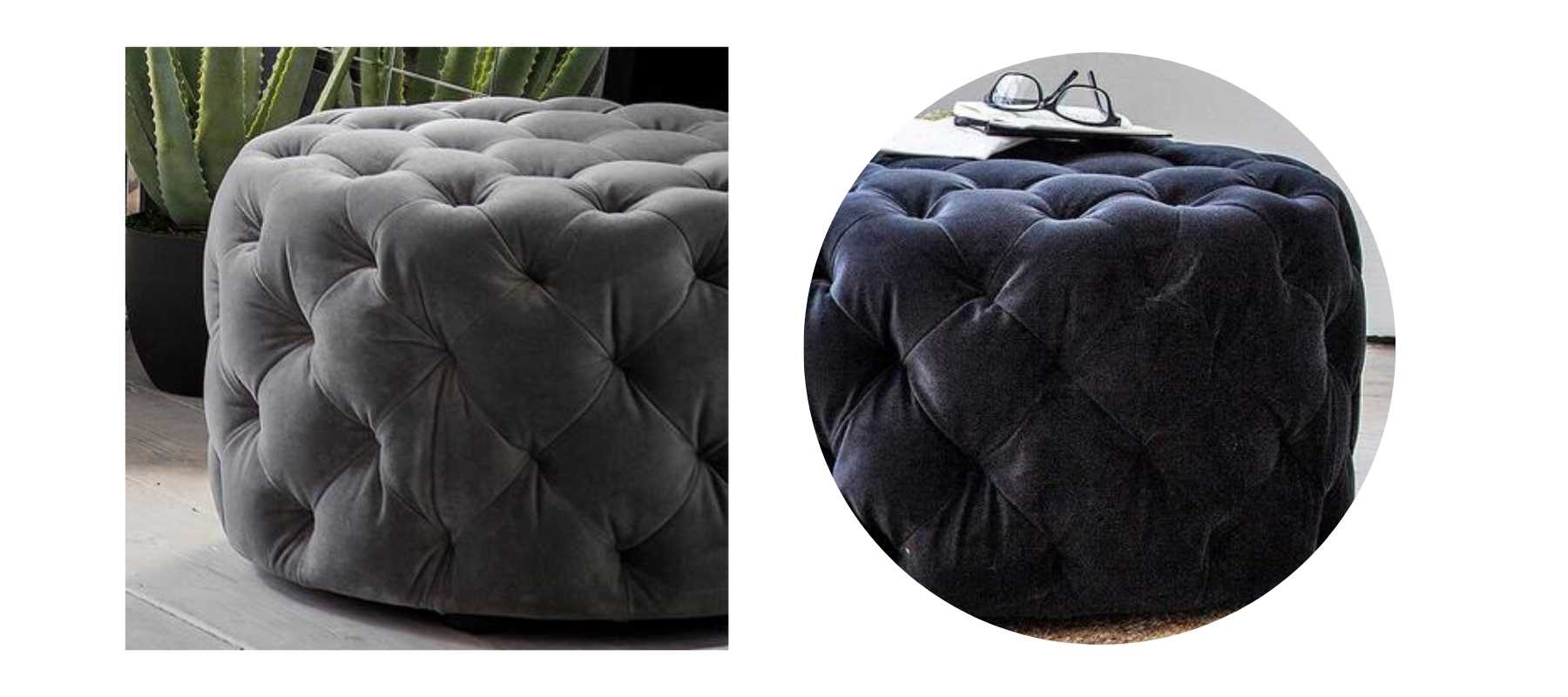 Round grey and black velvet buttoned footstools