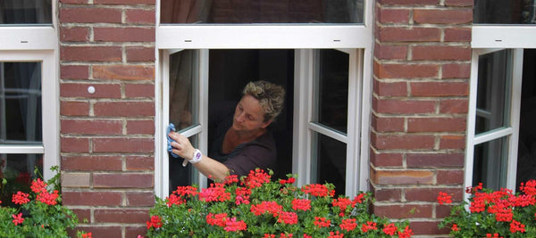 Woman cleaning windows with red window box flowers