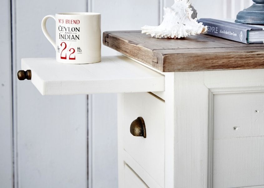 white wooden bedside table with pull out tray