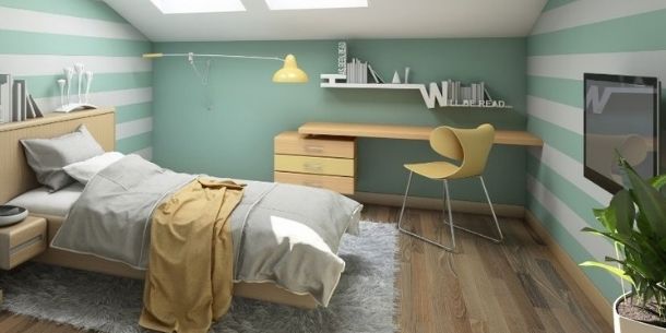 children's bedroom with double wooden bed and wooden desk