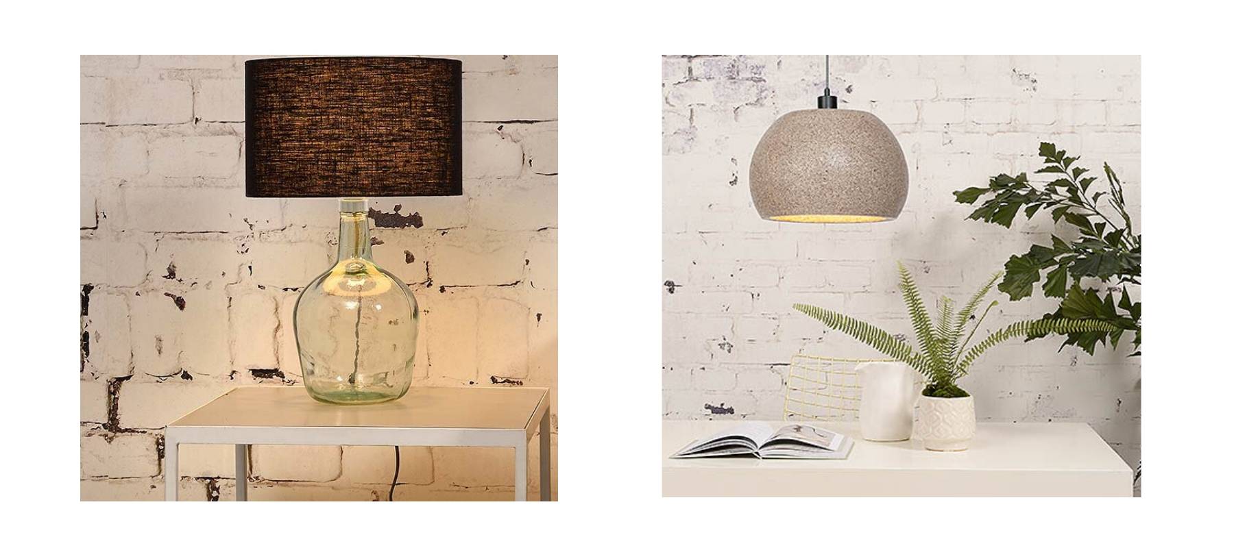 Glass table lamp with dark shade and woodchip hanging lights