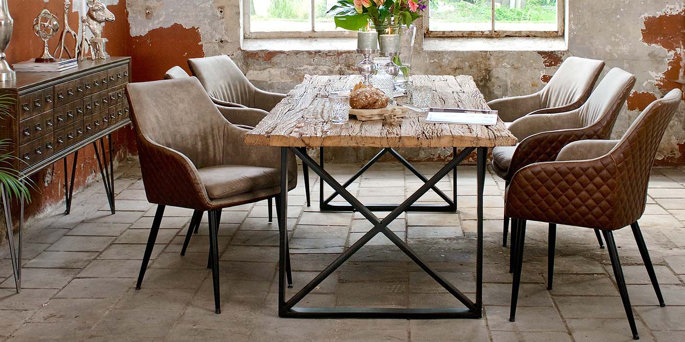 Luxe Kensington Industrial Reclaimed Wood Dining Table and chairs