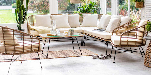 Hampstead Garden Corner Sofa Set with Bamboo Armchairs in Room