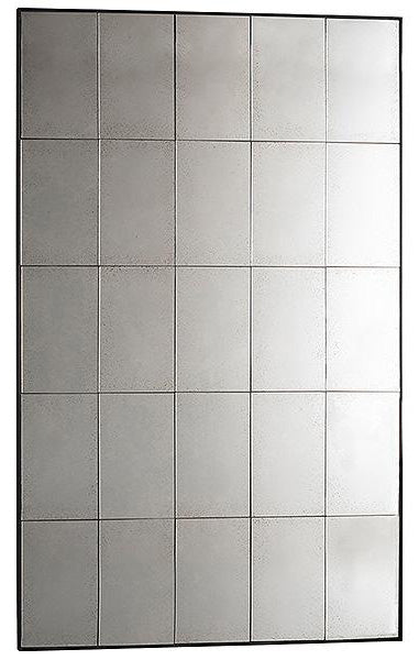 A floor mirror with a metal window glass design 
