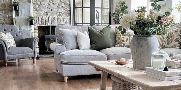 grey fabric sofa and rustic coffee table for