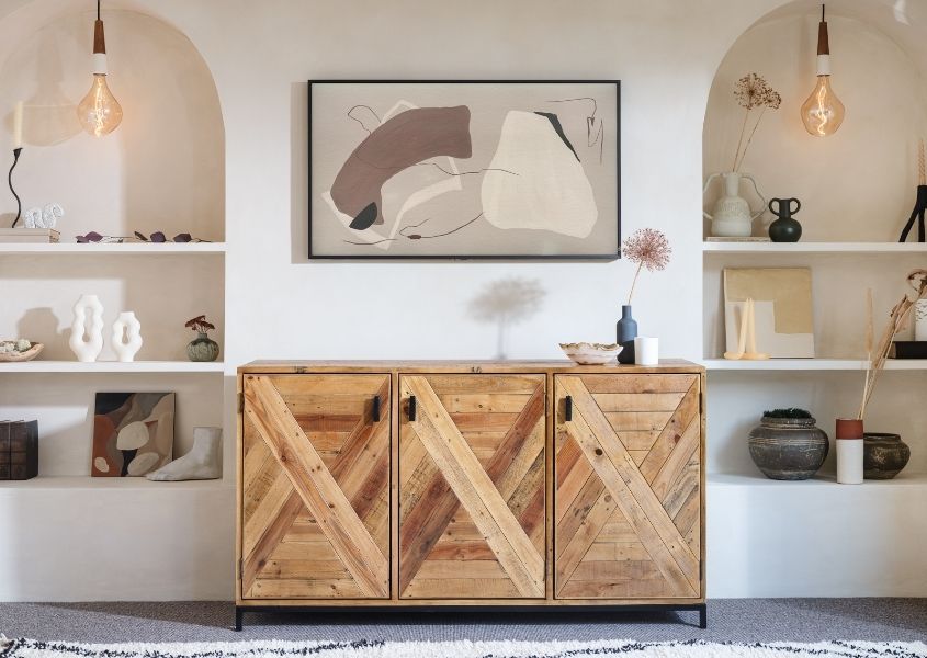 rustic sideboard with three cupboards and black metal handle