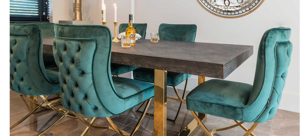Blackbone Industrial Dining Table and Green upholstered chairs