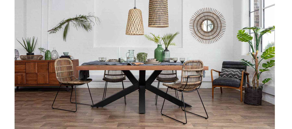 Spider leg industrial table with bamboo hanging pendants