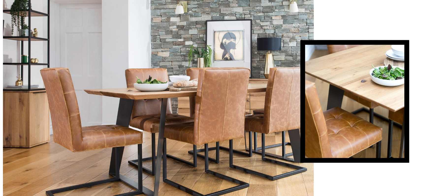 Rocco Industrial Oak Dining Table & Brown chairs