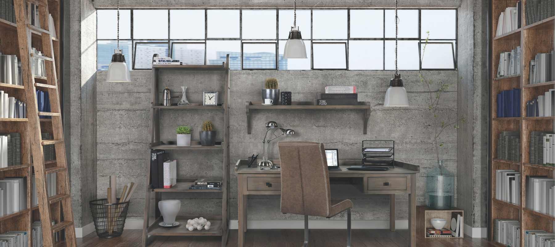 Industrial style home office with brown chair