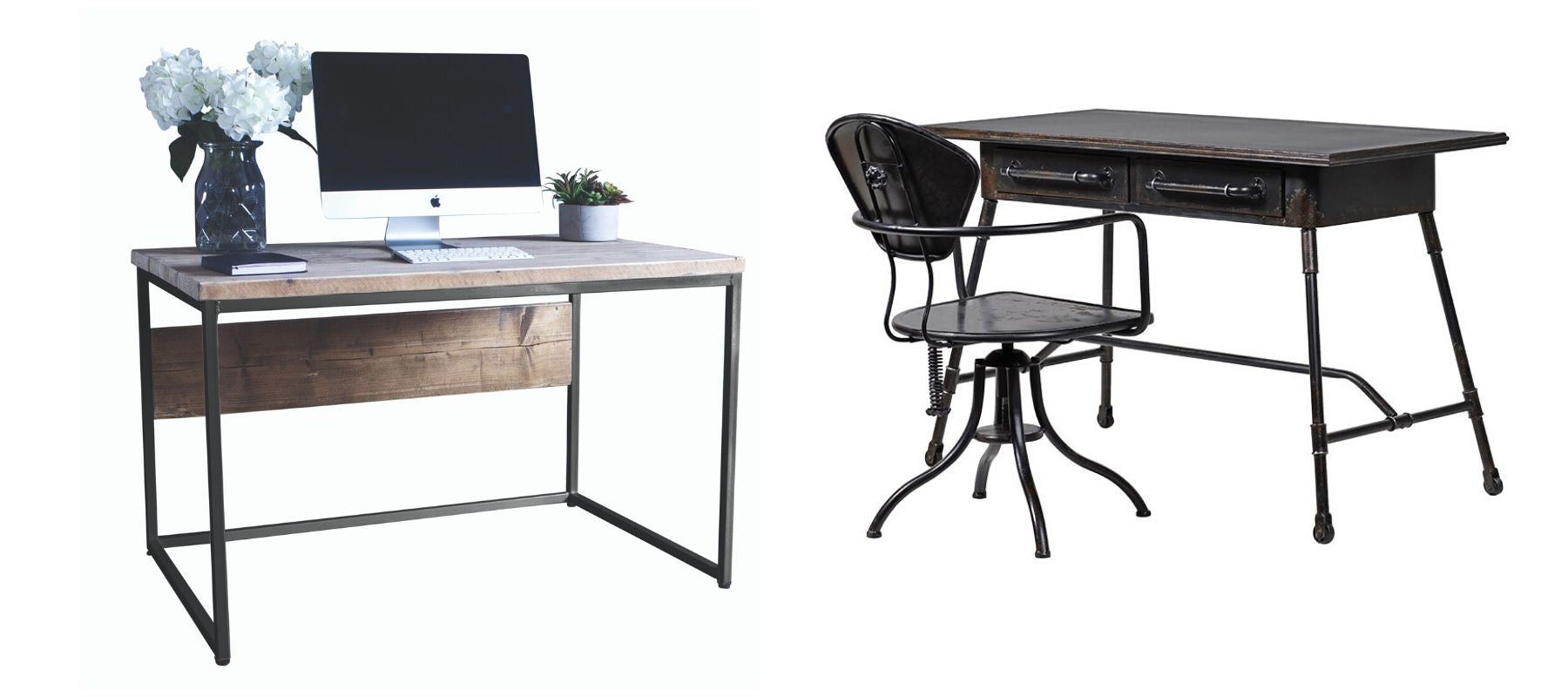 Two industrial style desks, including black metal desk