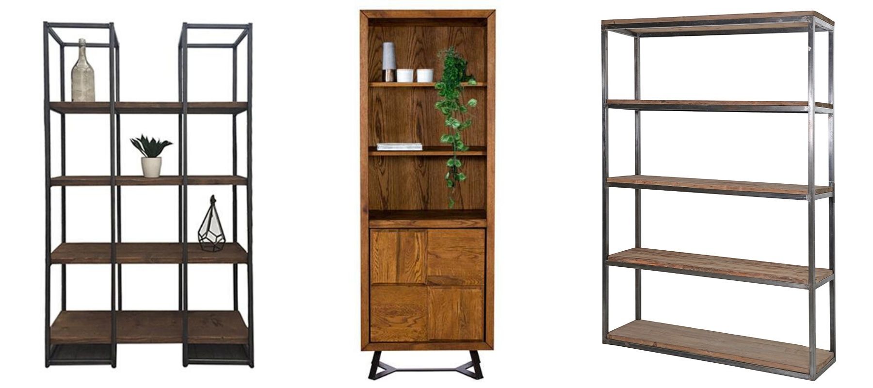 Three styles of industrial office storage, including metal bookcases