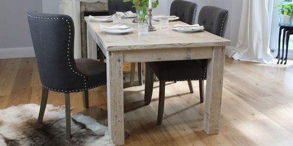 White Wash Inlay Reclaimed Wood Dining Table and Chairs