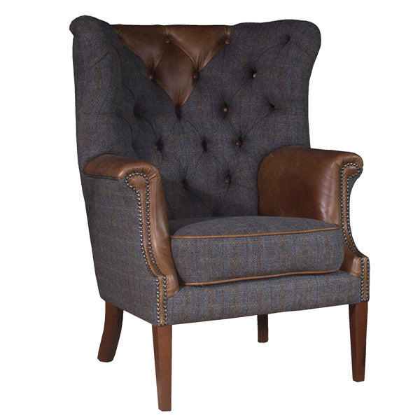 Kensington Wingback Leather and Harris Tweed Armchair 
