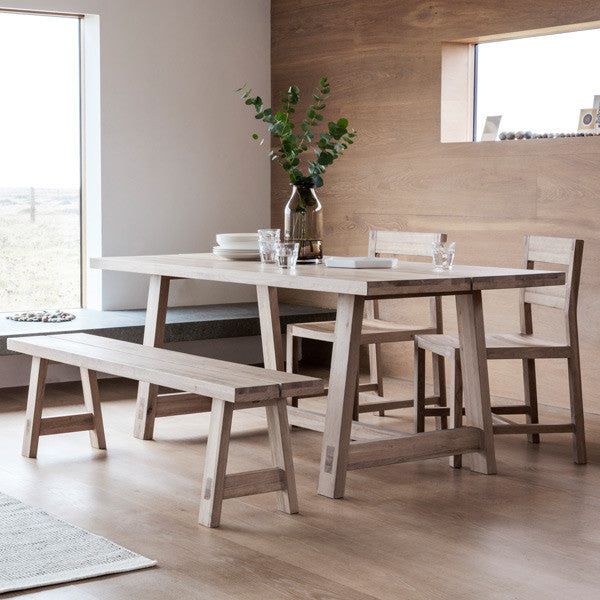 Hudson Living Kielder Oak Dining Table with dining chairs and wooden bench