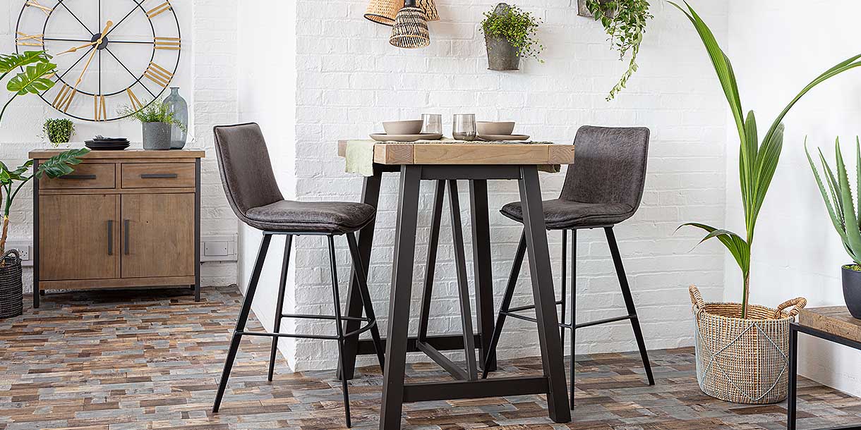 Lansdowne reclaimed Bar Table and Grey Faux leather bar stools