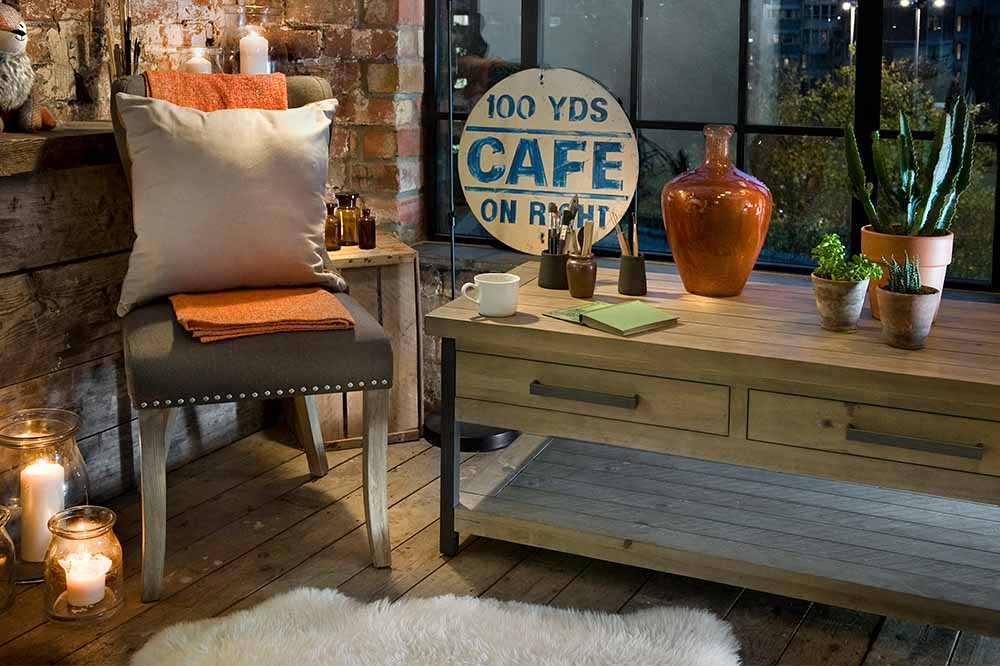 Lansdowne Reclaimed Wood Coffee Table and Grey Upholstered Chair