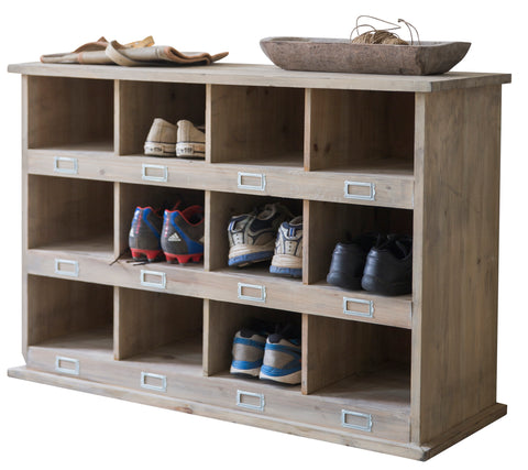 Open wooden storage unit with compartments for shoes