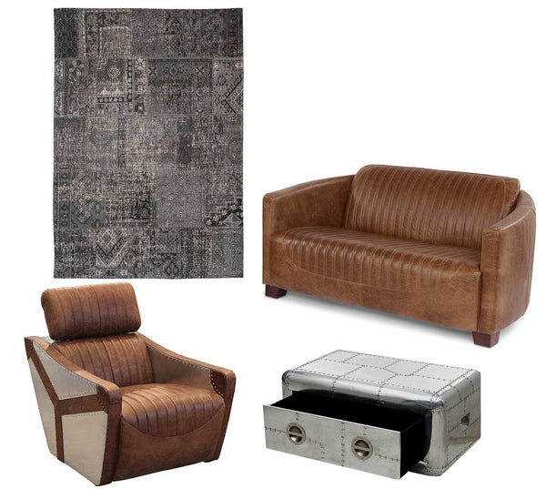 Aviator Coffee Table and Leather Armchair and Sofa