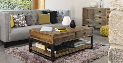 Wooden and bespoke reclaimed wood industrial coffee table in living room