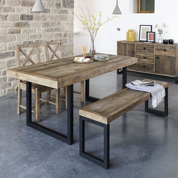 Standford Industrial Reclaimed Wood Dining Set with Dining Table and Dining Bench in dining room