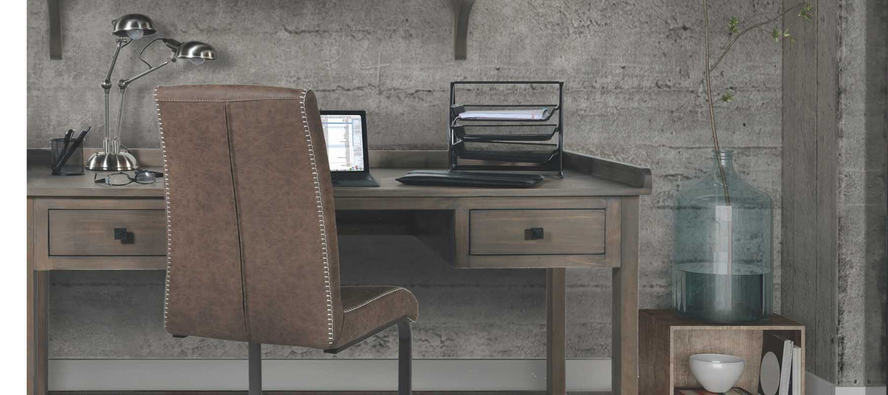Reclaimed wood desk with brown faux leather chair