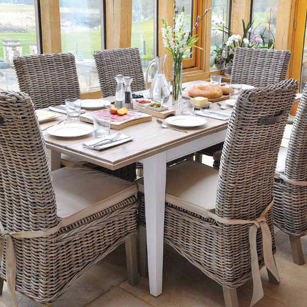 Savannah Reclaimed Wood Extending Dining Table and Rattan Chairs