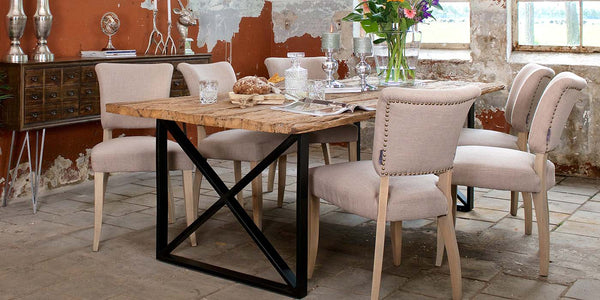 Luxe Kensington Industrial Reclaimed Wood Dining Table and Roxy Chairs