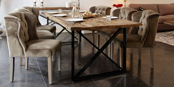 Luxe Kensington Industrial Reclaimed Wood Dining Table and Luxe Macy Grey chairs