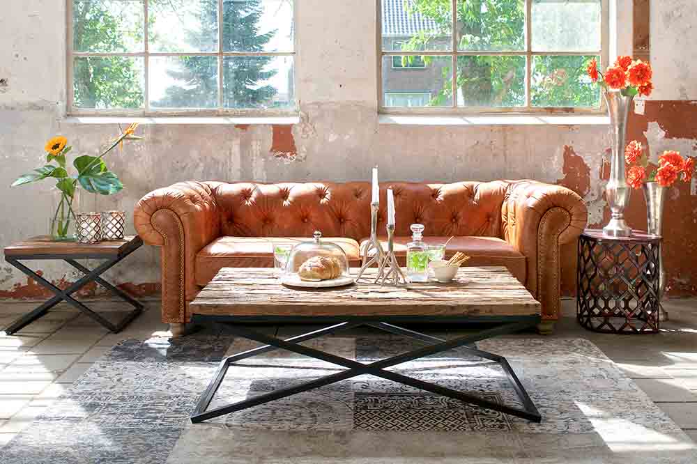 Luxe Kensington Reclaimed Wood Coffee Table and Leather Sofa