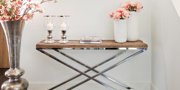 Luxe Kensington Reclaimed Wood Console Table with Flowers