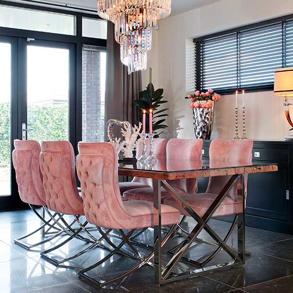 Luxe Kensington Reclaimed Wood Dining Table with Pink Velvet Dining Chairs