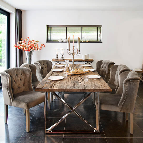 Luxe Kensington Reclaimed Wood Dining Table with Velvet Dining Chairs