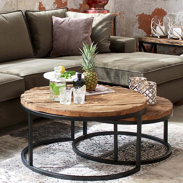 Luxe Kensington Reclaimed Wood Industrial Nest of Round Coffee Tables