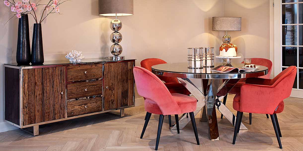 Luxe Kensington Reclaimed Wood Round Dining Table and Sideboard in Room