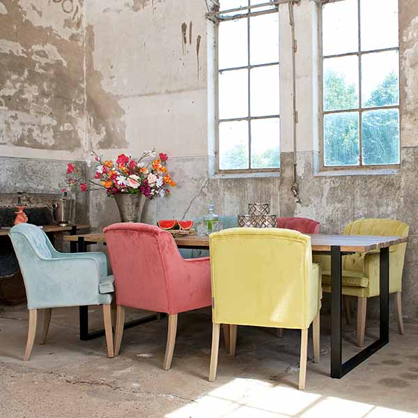 Maddox Industrial Reclaimed Elm Dining Table with Yellow Chairs