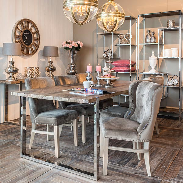 Maddox Industrial Reclaimed Elm Dining Table and Velvet Chairs