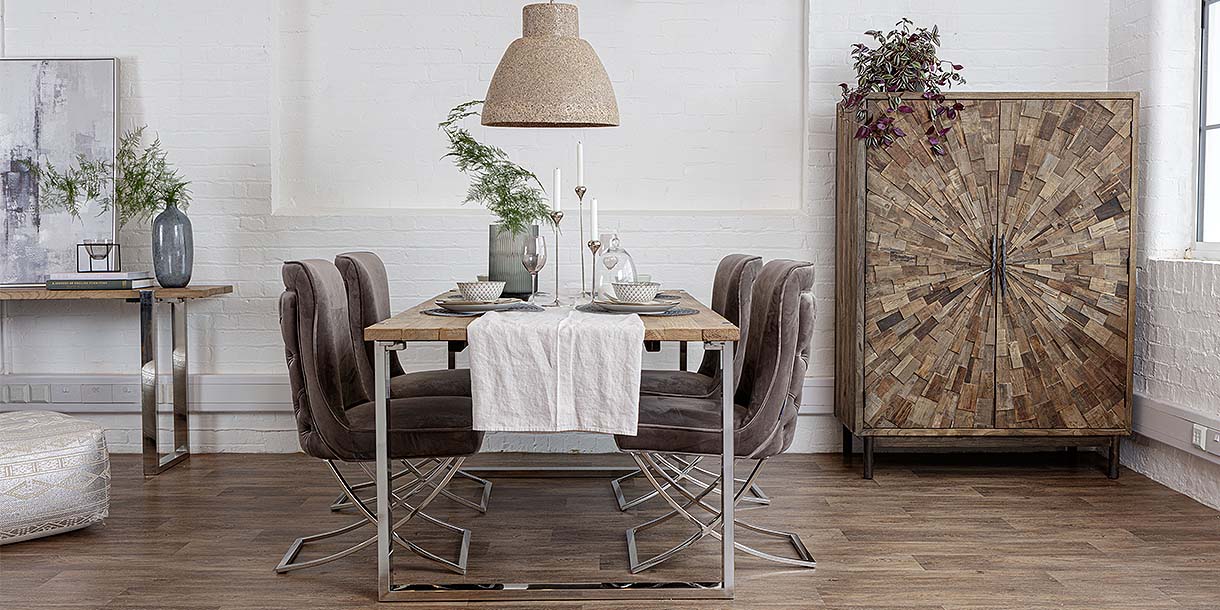 Luxe dining room with reclaimed wood dining table