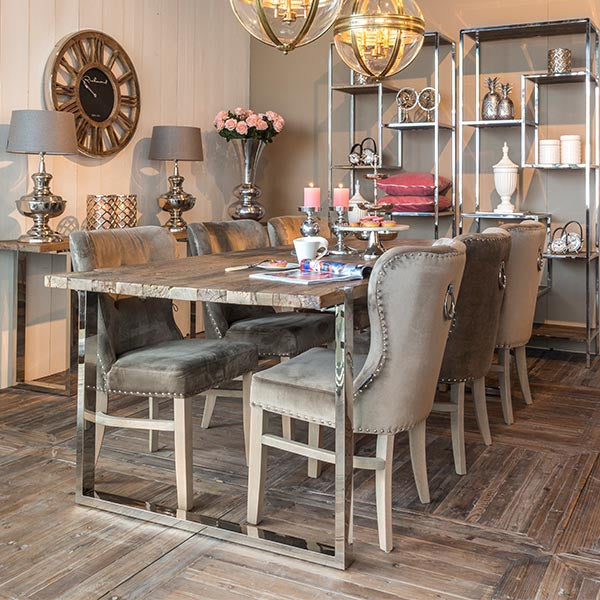 Maddox Industrial Reclaimed Elm Dining Table in dining room