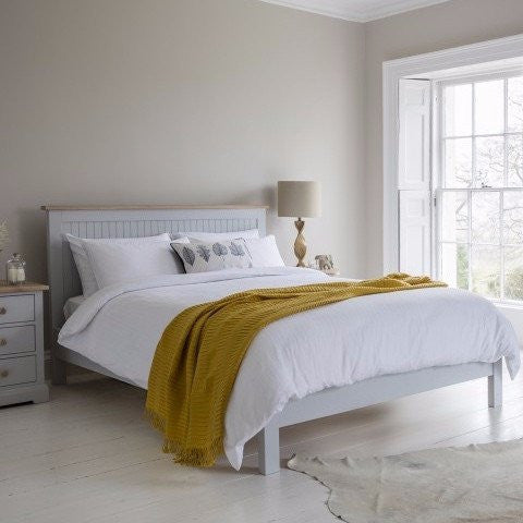 Elegant Hudson Living Marlow Bed Painted in Grey in bedroom with bedside