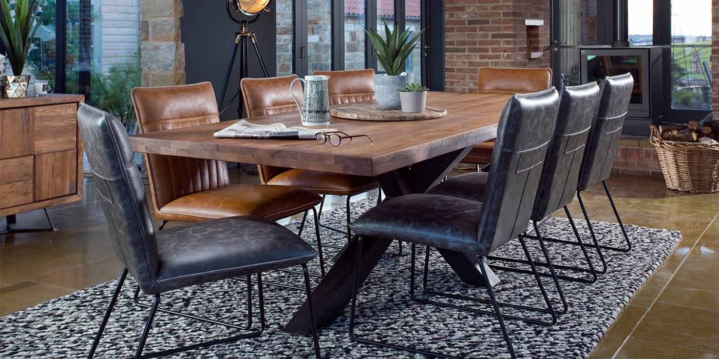 Mitcham Oak Industrial Dining Table with Faux Leather Dining Chairs