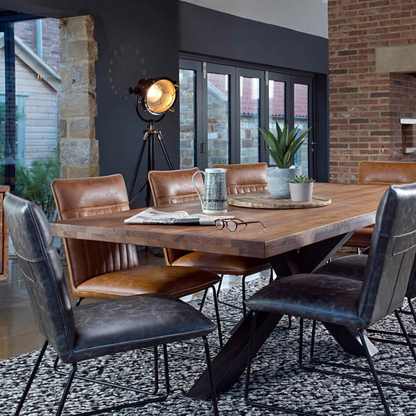 Mitcham Industrial Oak Dining Table and Faux Leather Dining Chairs
