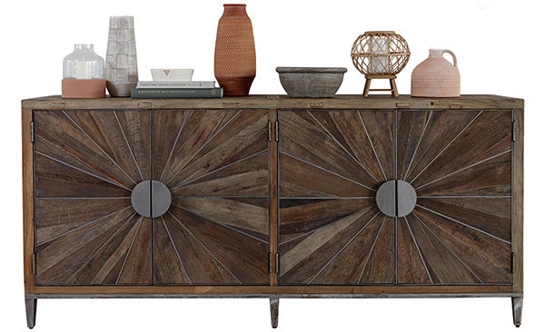 A large sideboard made of reclaimed oak with ceramics and pottery on top