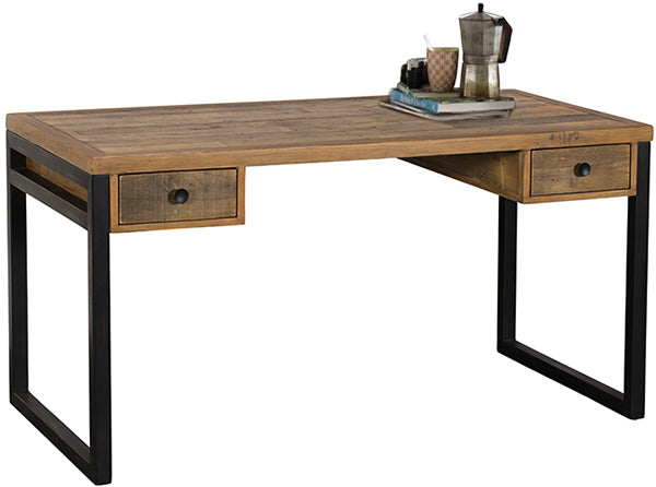 Standford Industrial Reclaimed Wood Desk with books and a cafetiere on top
