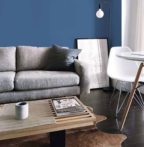A Scandi style living room with a grey sofa, wooden coffee table and blue wall