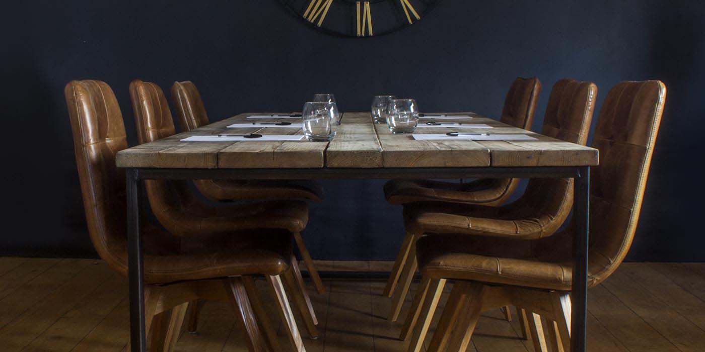 Oldman Reclaimed Wood Boardroom Table and Leather Chairs