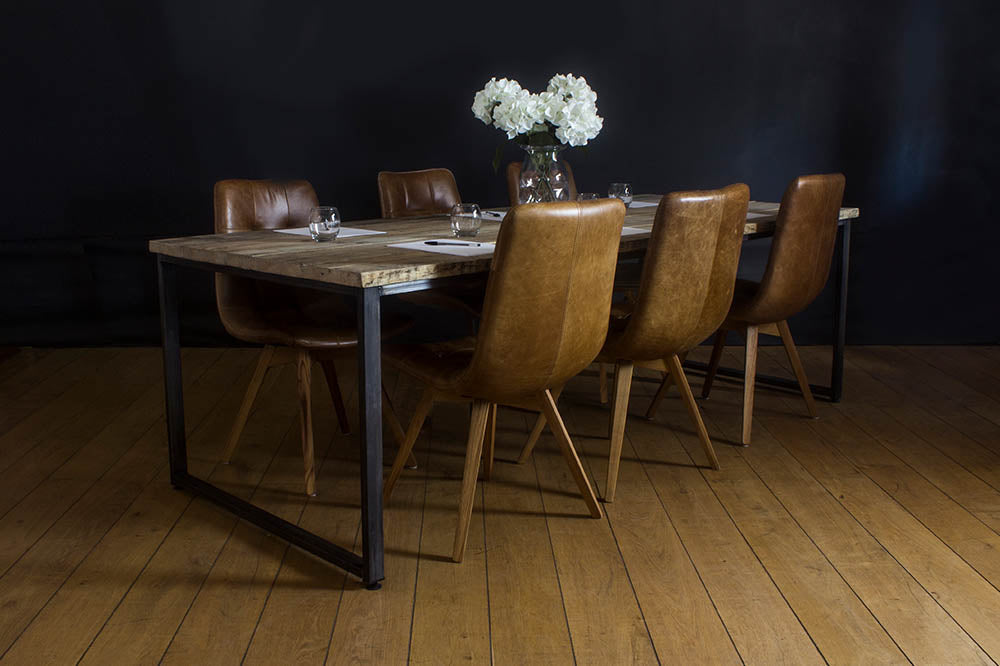 Oldman Reclaimed Wood Conference Table with Brown Leather Chairs