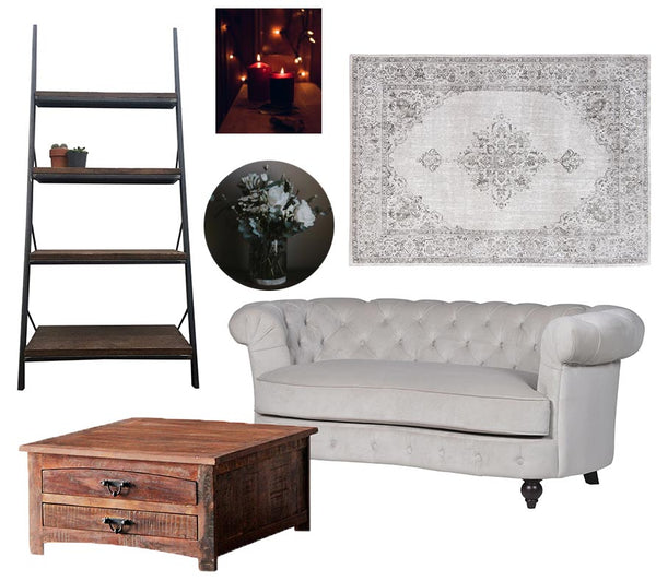 Oldman Industrial Reclaimed Wood Bookcase and Velvet Sofa