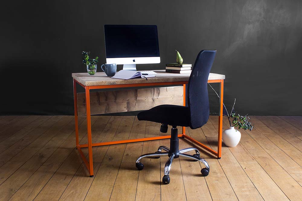 Oldman Reclaimed Wood Orange Desk and Black Chair