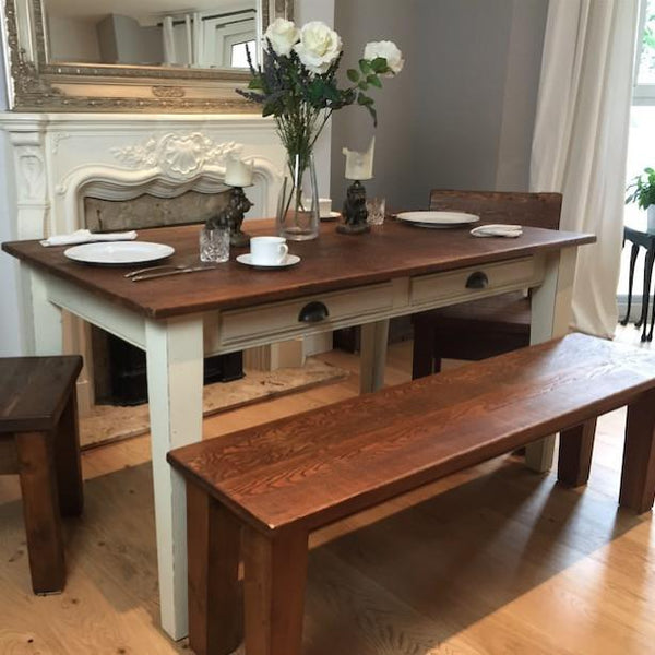 Provence Painted Reclaimed Wood Extendable Dining Table and Bench